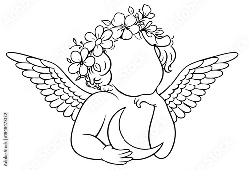 Hand Drawn Romantic Cupid Holding Crescent Moon with Floral Wreath, Dreamy Divine Love Symbol for Valentines Day