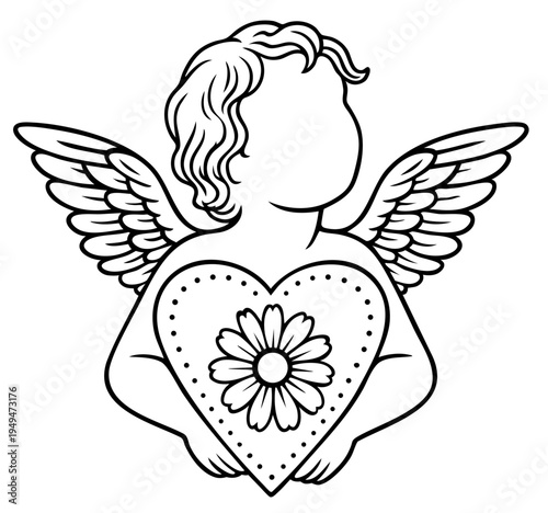 Romantic cupid holding heart with flower — gentle Valentine angel of affection and blooming love