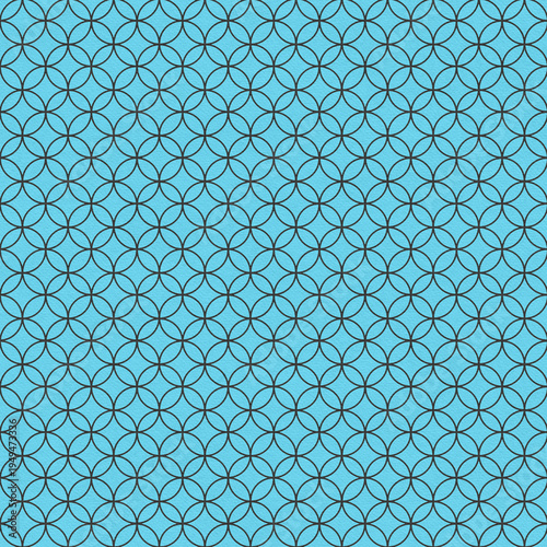 Seamless geometric circle lattice pattern with dark lines on blue textured background. Modern repeating design ideal for wallpapers, textiles, packaging and decorative surfaces.