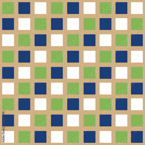 Seamless colorful square pattern with blue, green and white blocks on beige background. Clean geometric repeating design ideal for textiles, wallpapers, packaging and modern graphics.