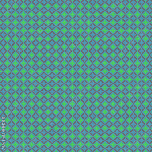 Seamless abstract geometric pattern with circular shapes and green accents on blue background. Modern decorative repeating design ideal for wallpapers, textiles and packaging.