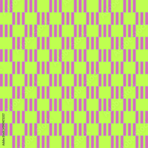 Seamless geometric pattern with pink rectangular elements on bright green background. Bold modern repeating design perfect for textiles, wallpapers, packaging and graphic design.