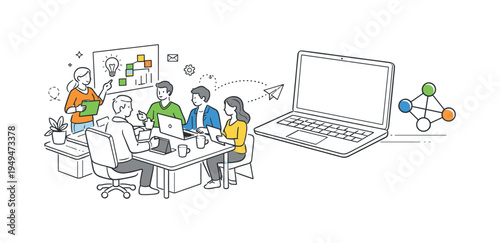 A modern startup environment where people collaborate on digital ideas and manage projects within a structured workplace setting, visual metaphor of an isometric workstation