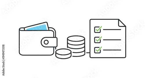 Personal budgeting and everyday expense awareness for responsible financial planning, a simple wallet placed beside a small coin stack and a checklist forming a clear visual