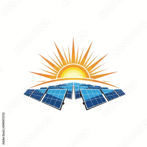 Sunset over multiple solar panels generating electricity logo concept, isolated white background