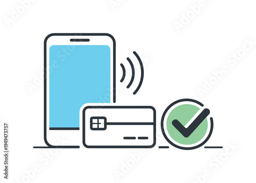 Digital payments and convenient contactless financial transactions in everyday commerce, a smartphone placed beside a small credit card and a simple checkmark forming a clear