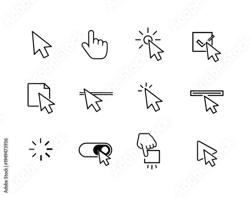 Digital interface interaction: mouse cursor arrow, hand pointer cursor, cursor clicking circle button, cursor selecting checkbox, cursor dragging file, cursor hovering over link