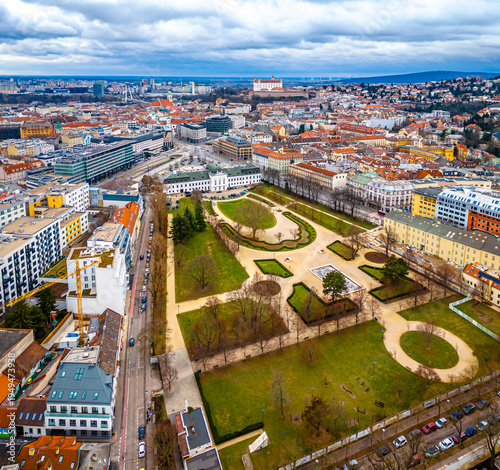 Photography Presidential Palace Bratislava aerial view of gardens and city blocks