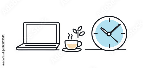 Balanced productivity and mindful work routine during a focused professional day, a laptop placed beside a small coffee cup and a clock forming a clear visual metaphor for