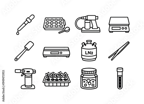 Experimental culinary lab: molecular gastronomy pipette, spherification sphere mold, smoke gun device, precision digital scale, silicone spatula, vacuum sealer, liquid nitrogen