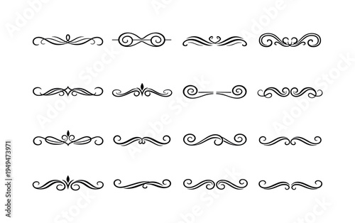 Ornamental flourish separators: swirl flourish line, double spiral divider, curved ornamental flourish, mirrored swirl ornament, elegant curl divider, vintage flourish line