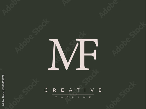 MF monogram logo with creative tagline on dark green background