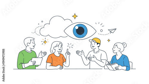 A concept illustration about perception and new perspectives where creatives discuss innovative ideas and visual storytelling, illustrated through a surreal metaphor of a large eye