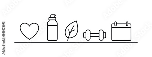 Balanced lifestyle and daily mental health care supporting sustainable wellbeing and emotional stability at work and home, heart, water bottle, leaf, dumbbell, and blank calendar