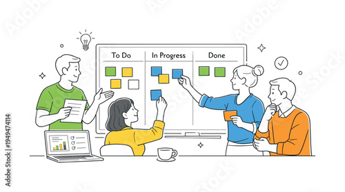Professionals organizing project priorities during a focused workflow planning session, a small group of coworkers gathered around a large kanban board with several clear task