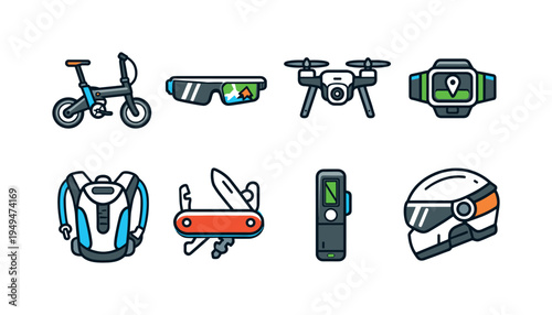 Futuristic urban exploration: foldable e-bike, AR navigation glasses, compact drone, wearable GPS, hydration pack, multi-tool knife, portable scanner, high-tech helmet