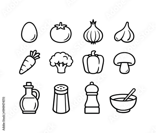 Home cooking ingredients: egg, tomato, onion bulb, garlic clove, carrot vegetable, broccoli vegetable, bell pepper, mushroom, bottle of olive oil, salt shaker, pepper grinder, bowl