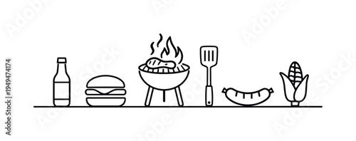 Outdoor barbecue cooking and backyard grilling gathering during warm weekends and summer meals with friends and family, barbecue grill, steak, sausage, spatula, and flame, relaxed