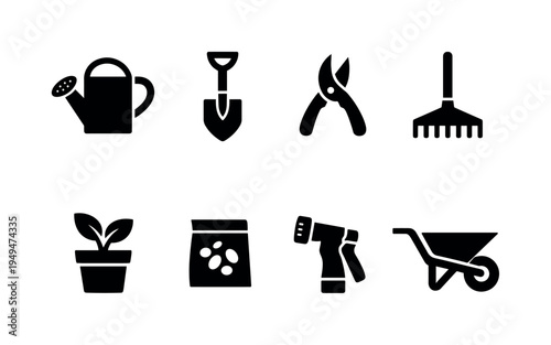 Gardening tools: watering can, garden shovel, pruning shears, rake, flower pot plant, seed packet, garden hose nozzle, wheelbarrow
