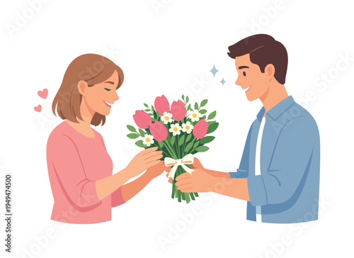 A floral gift and seasonal nature concept illustrating the charm of fresh spring bouquets often given during celebrations and special moments, symbolized by a bouquet of blooming