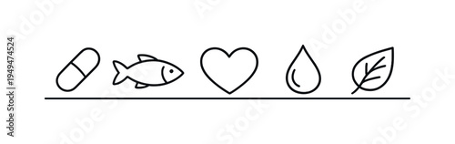 Healthy nutrition and omega fatty acid supplement intake supporting preventive wellness and everyday dietary balance for active lifestyles, capsule pill, fish, heart, water drop