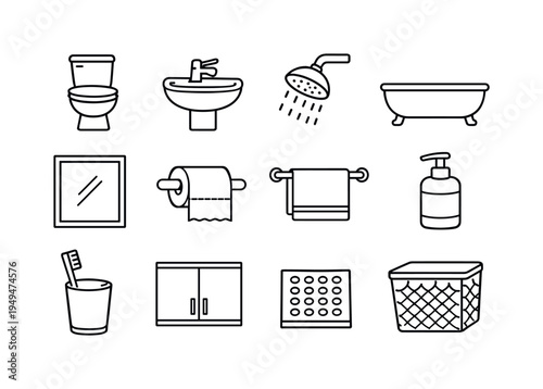 Home bathroom fixtures: toilet bowl, bathroom sink with faucet, shower head, bathtub, mirror frame, toilet paper roll, towel rack with towel, soap dispenser bottle, toothbrush with