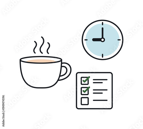 Healthy daily productivity and balanced work routine in a modern lifestyle, a simple coffee cup beside a small checklist and a clock forming a calm visual metaphor for structured