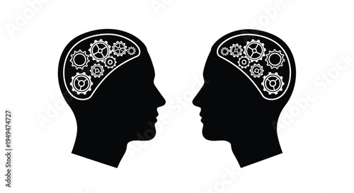 Two silhouettes of heads containing complex gear mechanisms inside