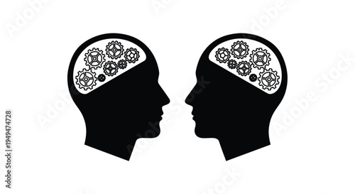 Two silhouettes displaying gears within their heads facing each other