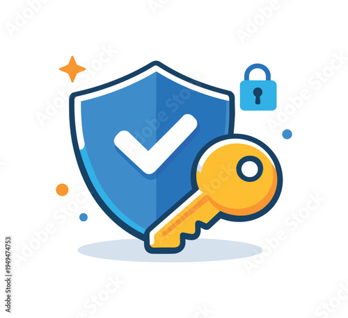 Secure password protection and safe account access in modern online platforms and digital services, a simple key positioned in front of a protective shield symbolizing controlled