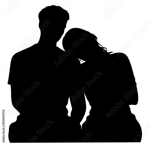 Young Couple Silhouette Sitting Together, Woman Leaning Head on Man Shoulder