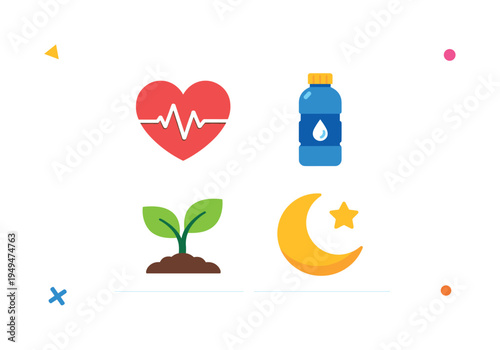Healthy daily wellness habits supporting balanced lifestyle and sustainable personal energy throughout work and rest routines, four simple icons representing a heart with a pulse