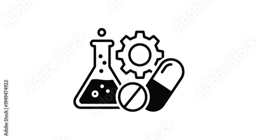 Scientific and pharmaceutical symbols featuring a flask gear and pill