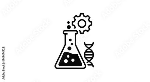 Science and technology illustration featuring a flask gear and dna strand