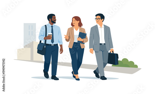 An urban daily life scene where diverse professionals move through a city environment during a typical workday commute, represented with three people walking together along a