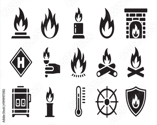Fire flame outline icons collection for heat energy and safety concepts