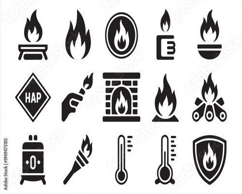 ire and heat safety line icon set with flame temperature and warning symbols