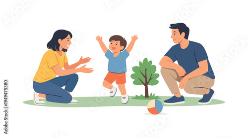 A lighthearted outdoor family activity scene representing playful moments shared during a casual day outside, represented with doodle style figures of two parents and a child