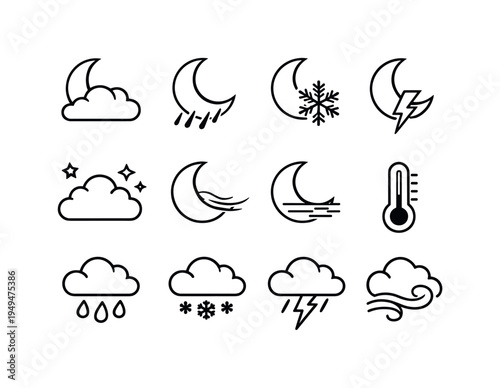 Weather dark theme conditions: crescent moon with cloud, moon with rain, moon with snowflake, moon with lightning bolt, night cloud with stars, crescent moon with wind lines, moon