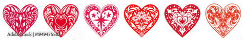 Ornamental Valentine Hearts Set – Red and Pink Decorative Love with Floral Swirls, Stars and Lace Cutout Details, Folk Inspired Romantic