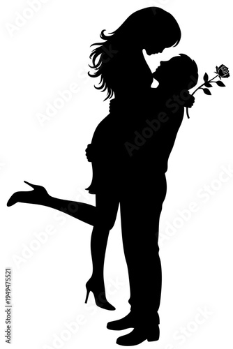 Romantic Couple Silhouette, Man Lifting Woman in Arms with Rose, Love Confession Moment, Valentine Relationship, Black Wedding