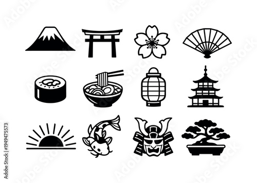 Japan traditional symbols: Mount Fuji with snow cap, torii shrine gate, cherry blossom flower, Japanese folding fan, sushi roll piece, ramen bowl with chopsticks, paper lantern