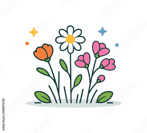 Wildflower botanical study centered on simple plant structure and graceful meadow vegetation, a small cluster of thin stem wildflowers with minimal leaves creating a symbolic scene