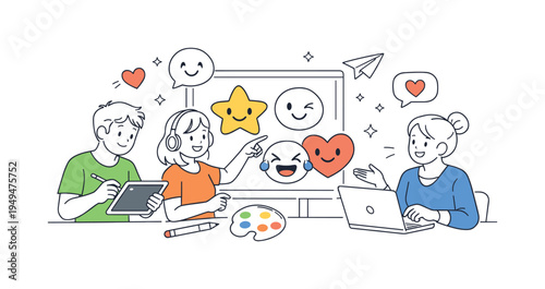 A cheerful digital communication scene where designers create a cute sticker set for social messages and online interactions, illustrated through a visual metaphor of adorable