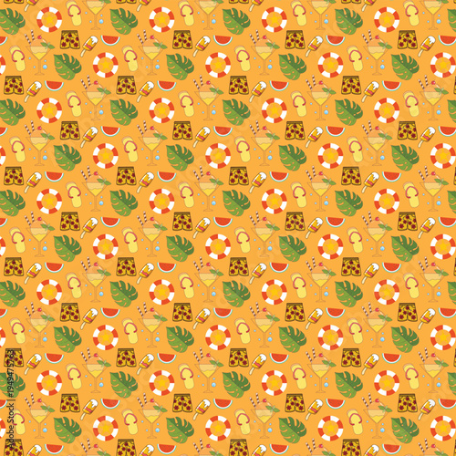 Seamless pattern with summer drinks and tropical elements on orange background