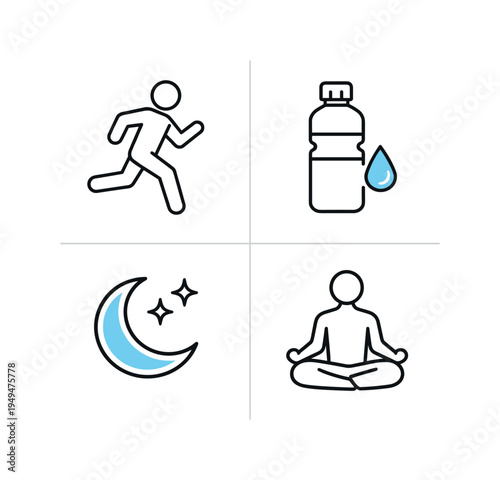 Balanced daily wellness routine supporting physical and mental health where individuals exercise regularly, maintain hydration, sleep well, and practice mindfulness to support long