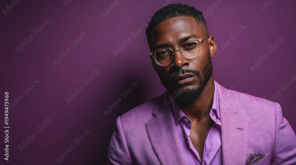 Obraz premium Modern Man in Purple Blazer and Trendy Glasses on Gradient Background