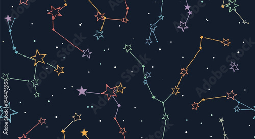 A vibrant and colorful illustration of constellations in a starry night sky with multiple bright stars.
