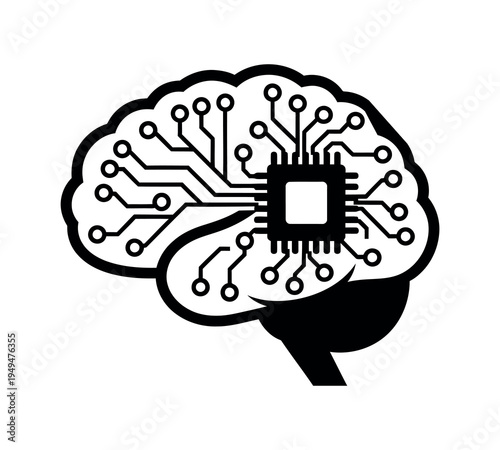 Digital human brain outline with internal microchip and electronic circuit paths for machine learning and cybernetic concepts