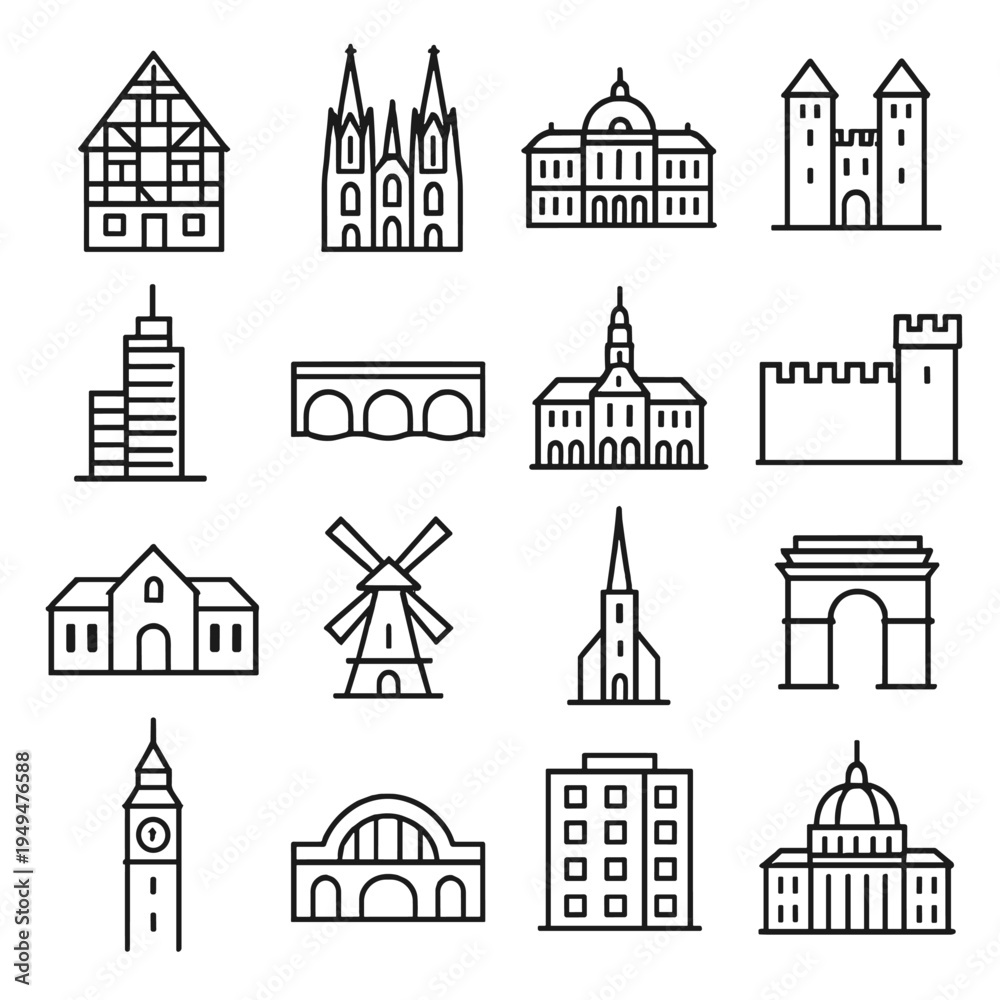 Fototapeta premium Collection of diverse architectural building icons in a clean, modern line art style